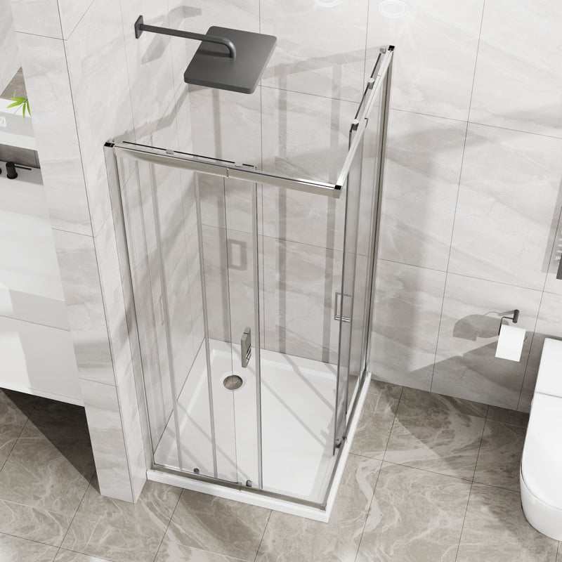 Goodyo Corner Shower Door Enclosure 32" W x 32" D x 72" H Tempered Glass Shower Door with Base Combo, Chrome Double Sliding Door with White Acrylic Shower Pan