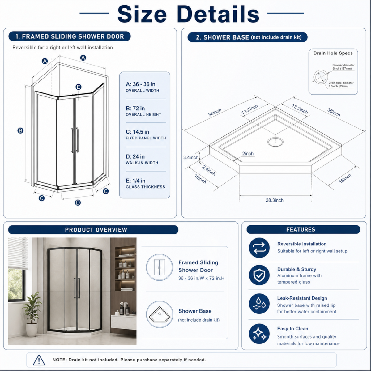 Goodyo Neo-Angle Shower Kit, 36"x36"x72" Corner Shower Door with White Base, Double Sliding Matte Black Shower Door Set, Clear Tempered Glass Enclosure