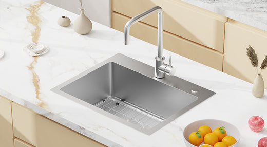 The sink is made of 304# stainless steel with 12 gauge rim edges.