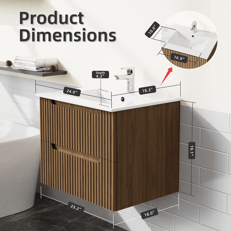 Goodyo® 24” Wall-Mount Bathroom Vanity with Drop- in Sink, Walnut