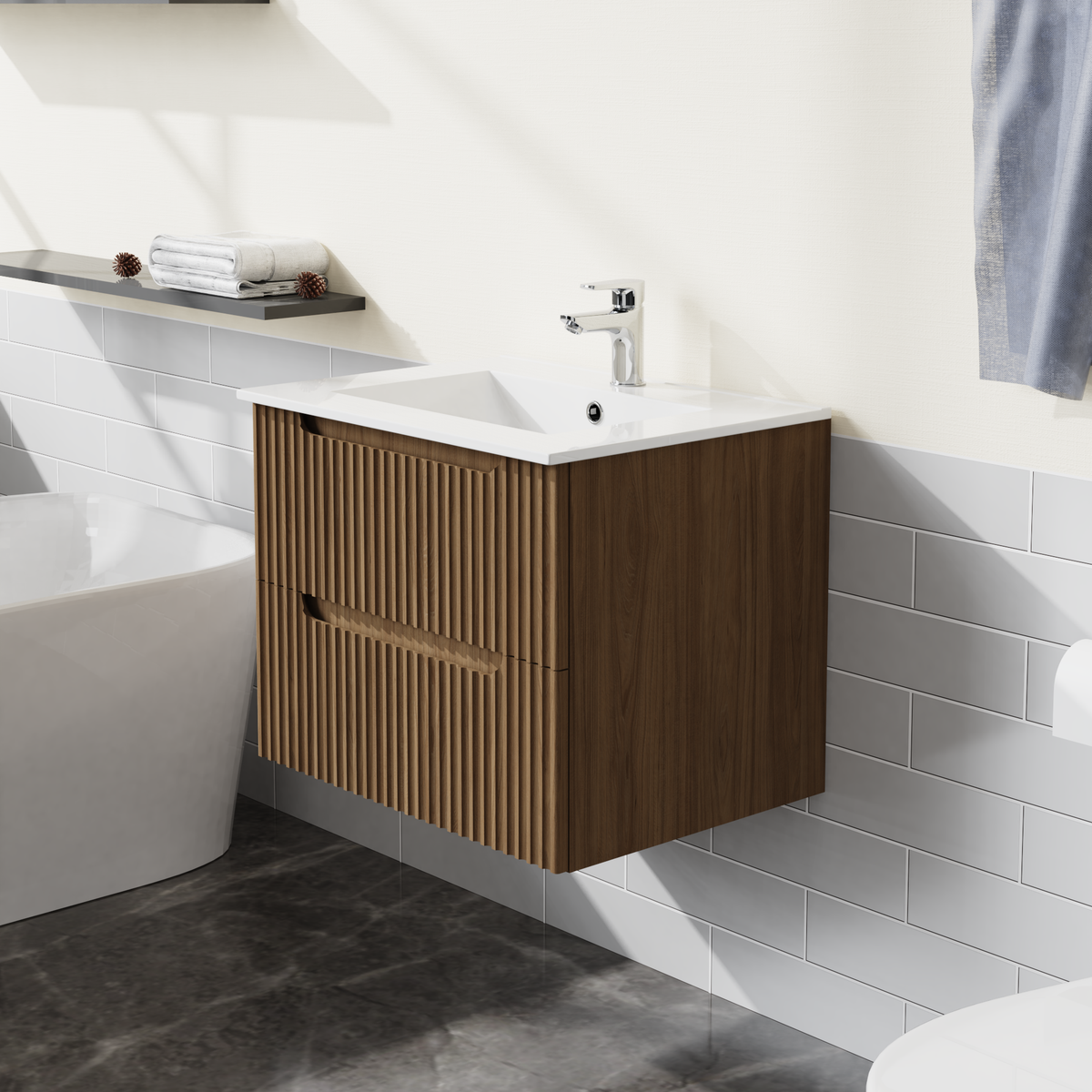 Goodyo® 24” Wall-Mount Bathroom Vanity with Drop- in Sink, Walnut