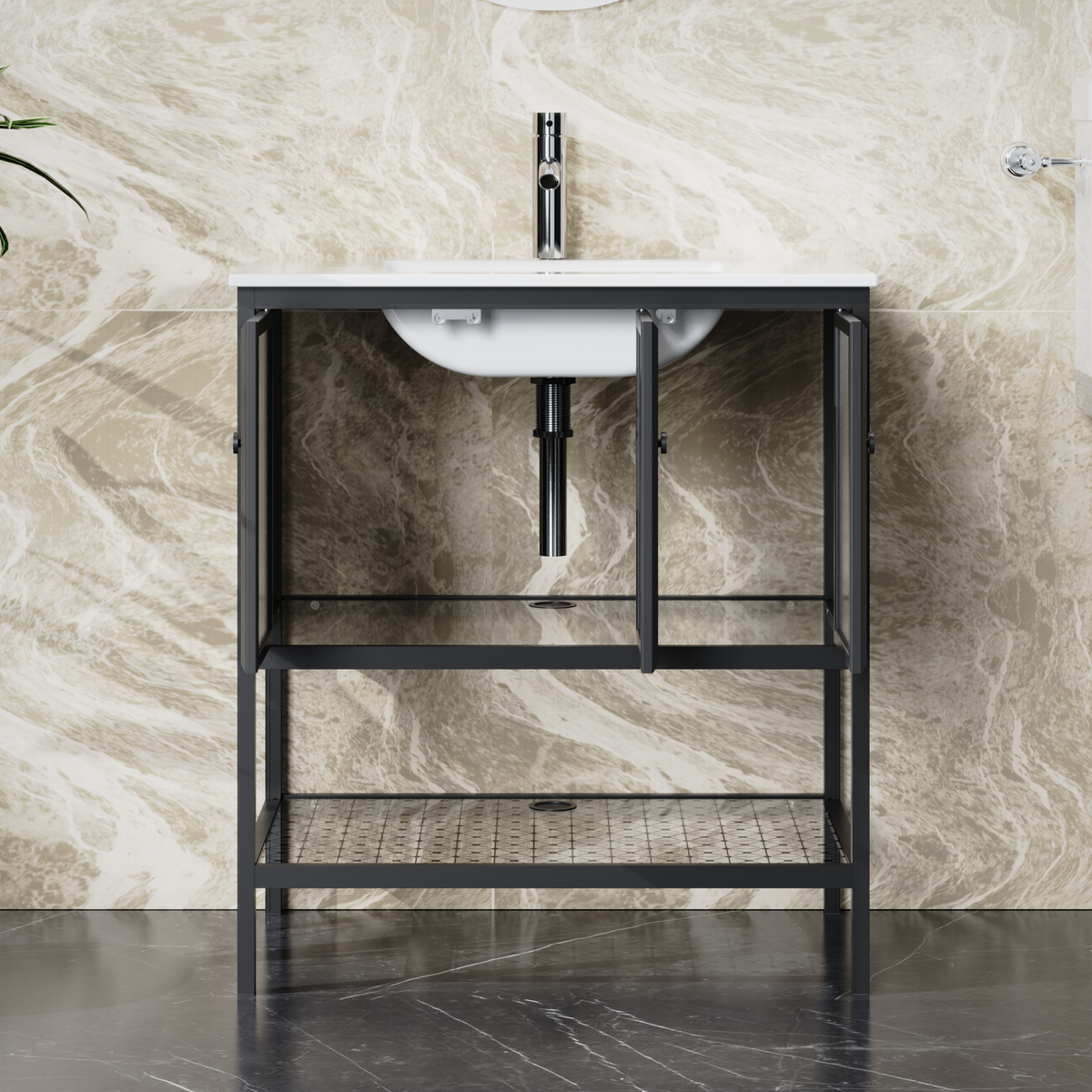 Goodyo® 30 inch Bathroom Vanity Cabinet with Sink Combo, Aluminum Metal Frame, Black
