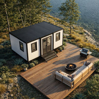 Customizable Modular Container Home with Deck – Modern Prefab Portable Cabin, Insulated Steel Frame, Energy-Efficient Design for Backyard, Vacation Living & Remote Work
