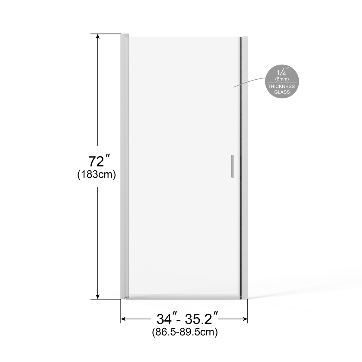 Goodyo® 34” x 72” Pivot Swing Shower Door, Hinged Shower Door, Chrome, Semi-Frameless Design