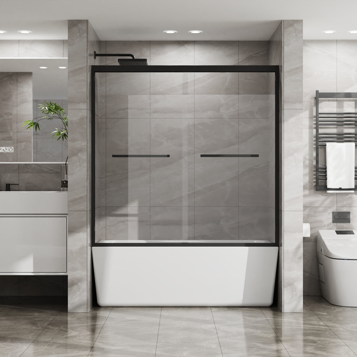 Goodyo 56-60 in. W x 58 in. H Sliding Tub Shower Door, Dual Sliding Glass Door with Matte Black Aluminum Frame