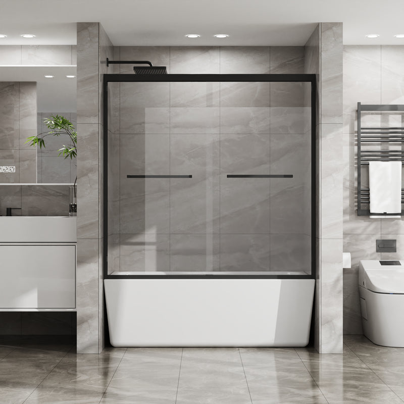 Goodyo 56-60 in. W x 58 in. H Sliding Tub Shower Door, Dual Sliding Glass Door with Matte Black Aluminum Frame