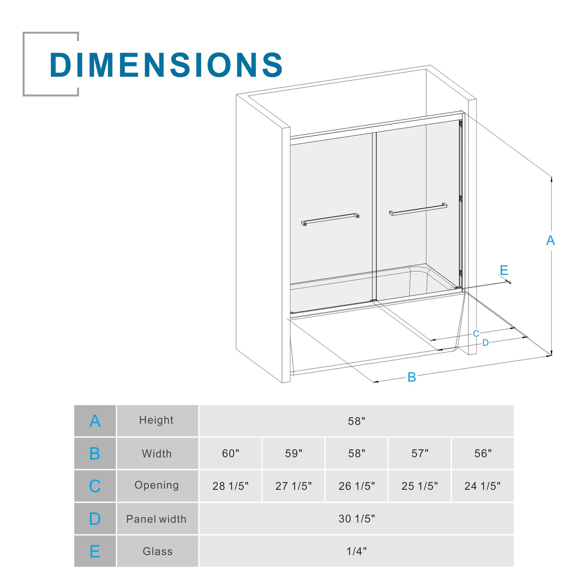 Goodyo 56-60 in. W x 58 in. H Sliding Tub Shower Door, Dual Sliding Glass Door with Matte Black Aluminum Frame