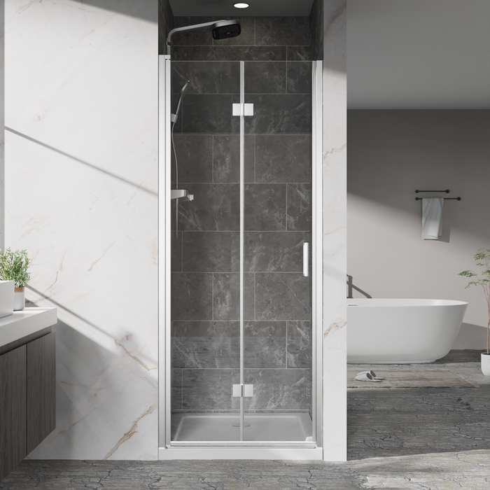 Goodyo 32" x 72" Frameless Bi-Fold Shower Door, Folding Pivot Glass Shower Door with Chrome Hardware, 1/4" Clear Tempered Glass, Reversible Installation