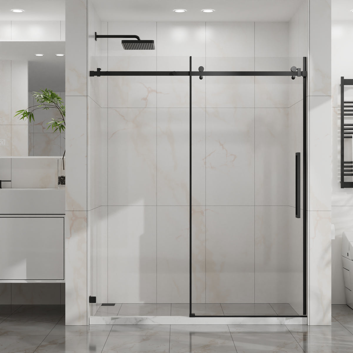 Goodyo 56-60 in. W x 72 in. H Frameless Sliding Shower Door, Matte Black Stainless Steel Hardware, 1/4 in. Clear Tempered Glass