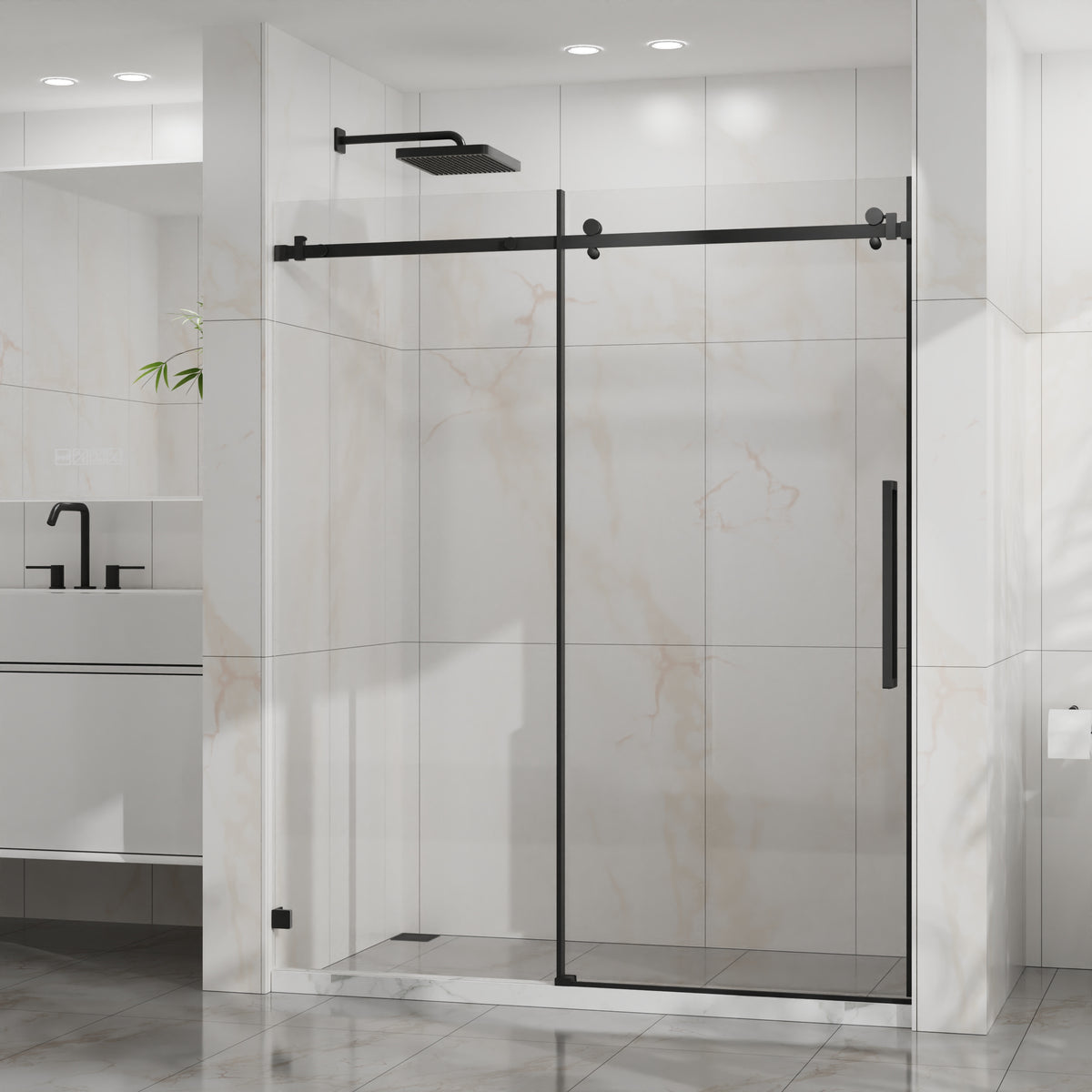 Goodyo 56-60 in. W x 72 in. H Frameless Sliding Shower Door, Matte Black Stainless Steel Hardware, 1/4 in. Clear Tempered Glass
