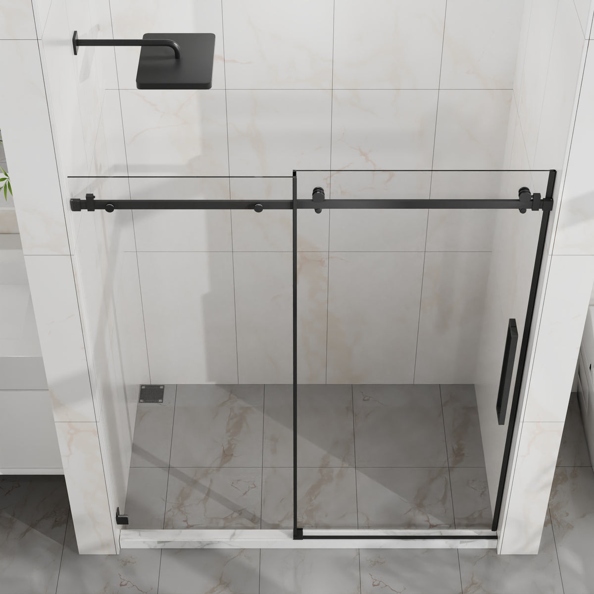 Goodyo 56-60 in. W x 72 in. H Frameless Sliding Shower Door, Matte Black Stainless Steel Hardware, 1/4 in. Clear Tempered Glass
