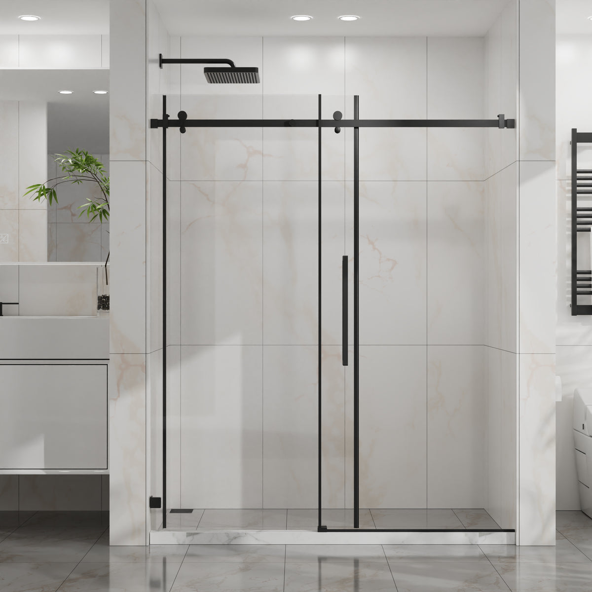 Goodyo 56-60 in. W x 72 in. H Frameless Sliding Shower Door, Matte Black Stainless Steel Hardware, 1/4 in. Clear Tempered Glass