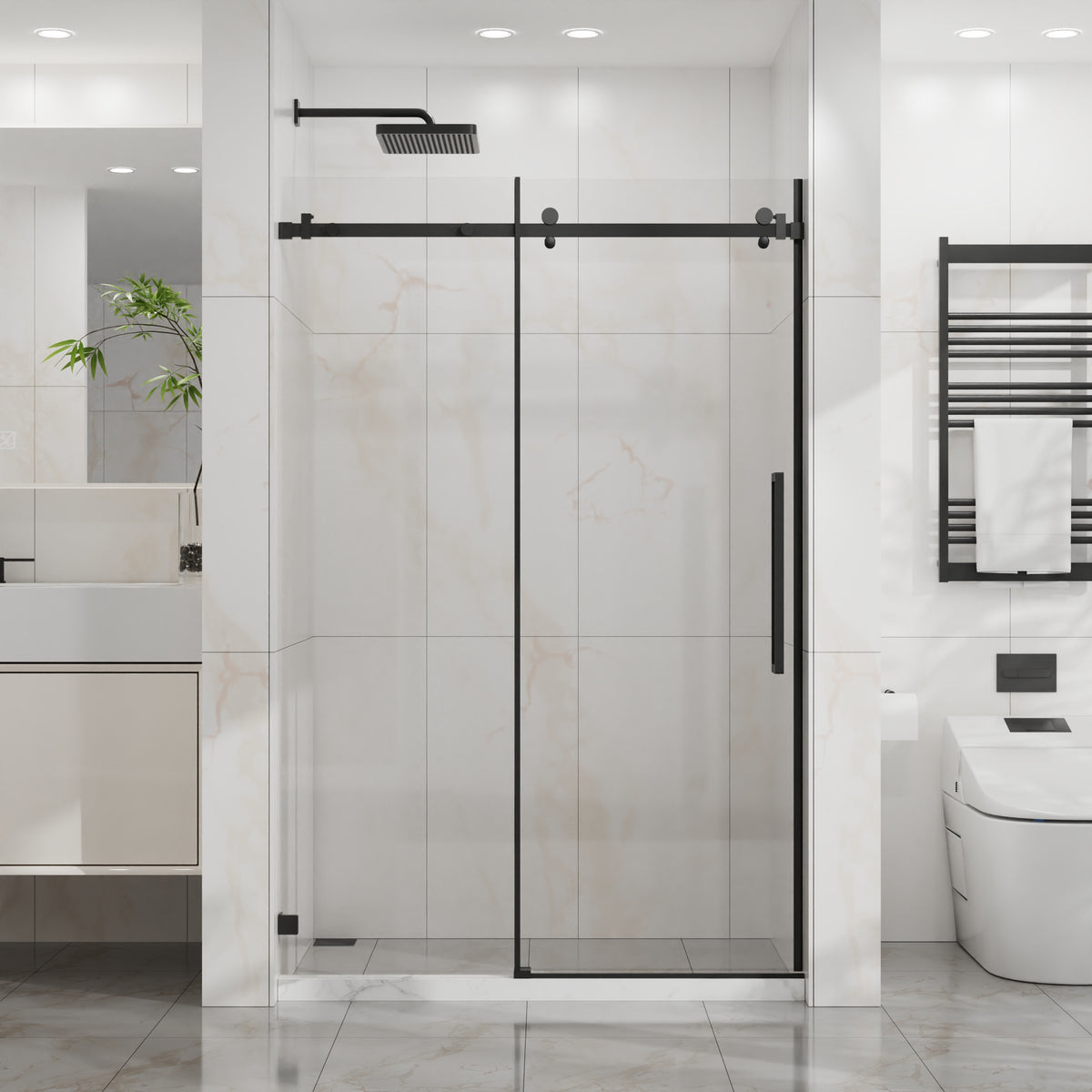 Goodyo 44-48 in. W x 72 in. H Frameless Sliding Shower Door, Matte Black Stainless Steel Hardware, 1/4 in. Clear Tempered Glass