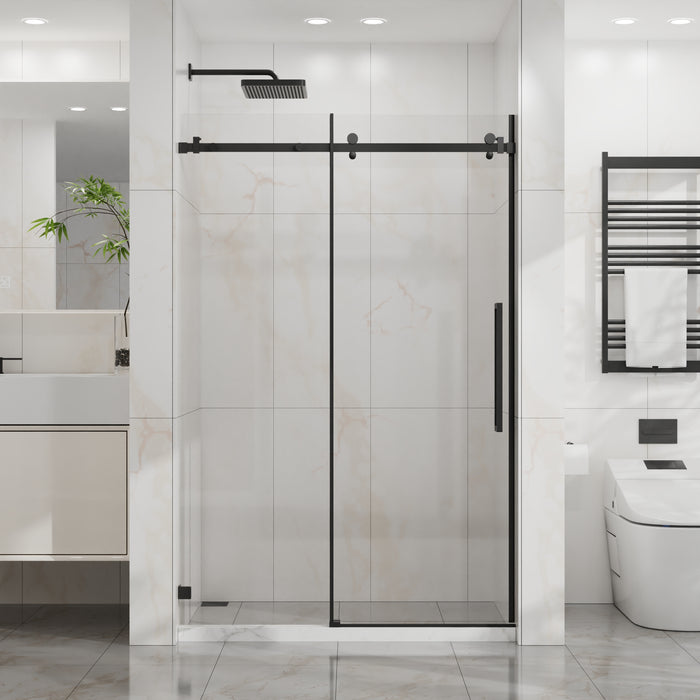 Goodyo 44-48 in. W x 72 in. H Frameless Sliding Shower Door, Matte Black Stainless Steel Hardware, 1/4 in. Clear Tempered Glass