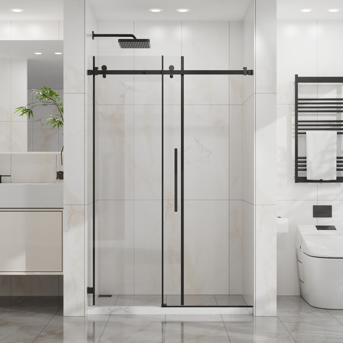 Goodyo 44-48 in. W x 72 in. H Frameless Sliding Shower Door, Matte Black Stainless Steel Hardware, 1/4 in. Clear Tempered Glass