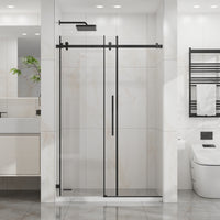 Goodyo 44-48 in. W x 72 in. H Frameless Sliding Shower Door, Matte Black Stainless Steel Hardware, 1/4 in. Clear Tempered Glass
