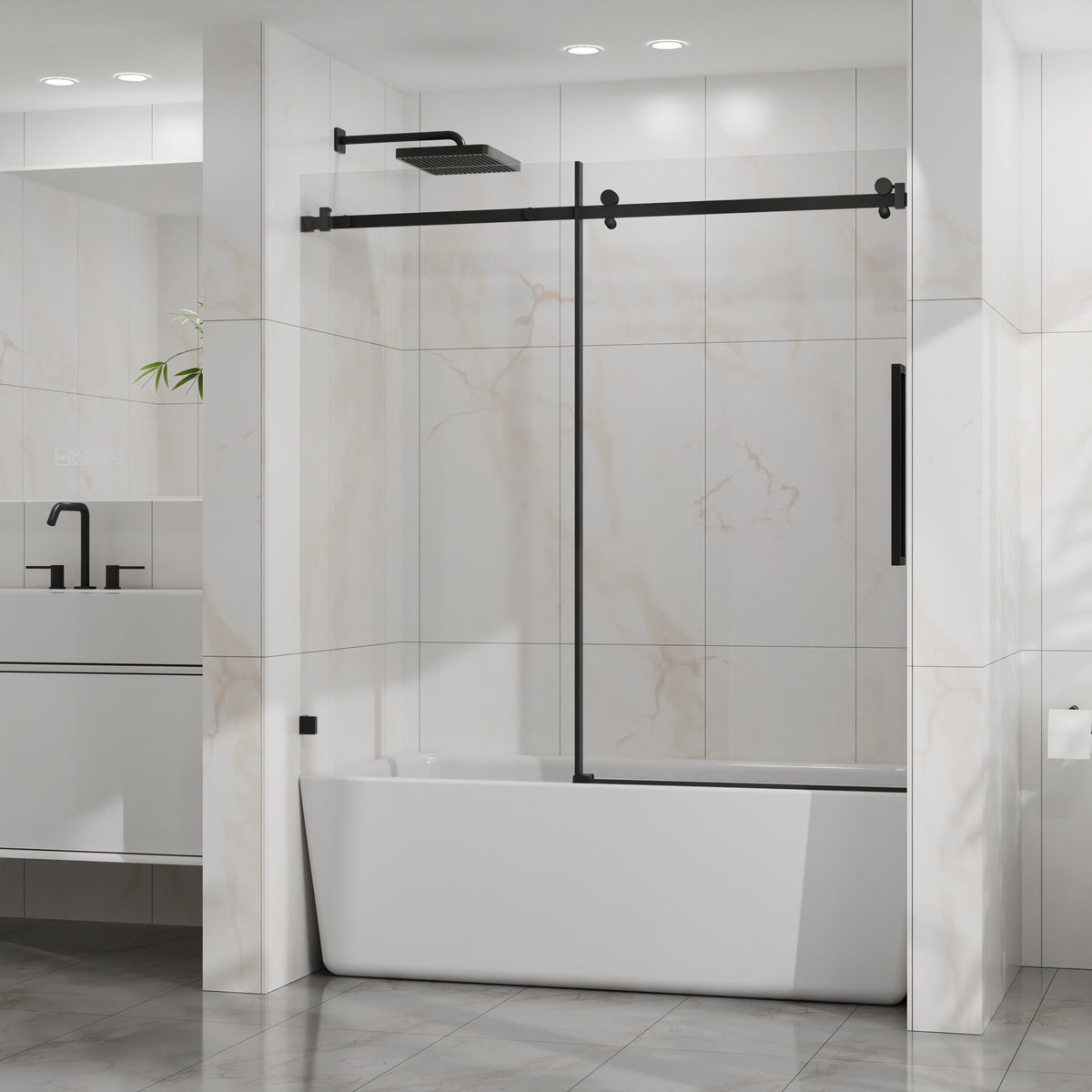 Goodyo 56-60 in. W x 58 in. H Frameless Sliding Bathtub Shower Door, Matte Black Stainless Steel Hardware, 1/4 in. Clear Tempered Glass