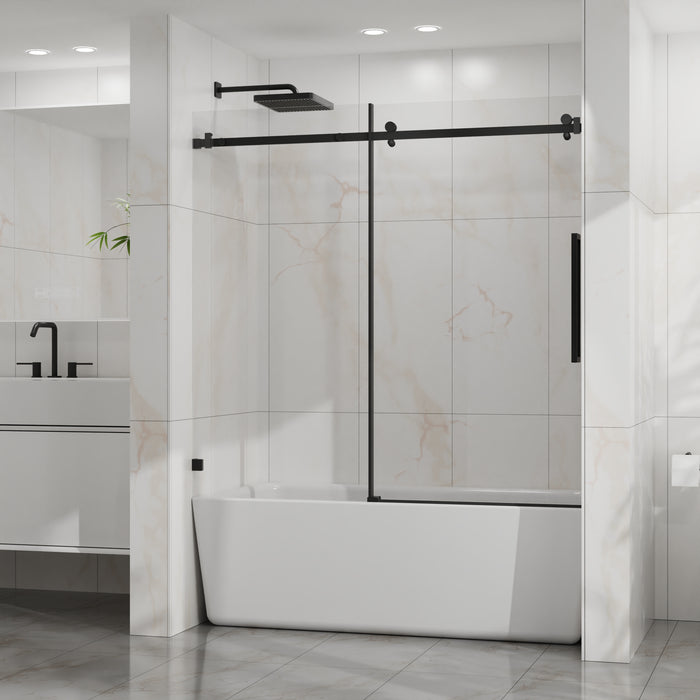 Goodyo 56-60 in. W x 58 in. H Frameless Sliding Bathtub Shower Door, Matte Black Stainless Steel Hardware, 1/4 in. Clear Tempered Glass