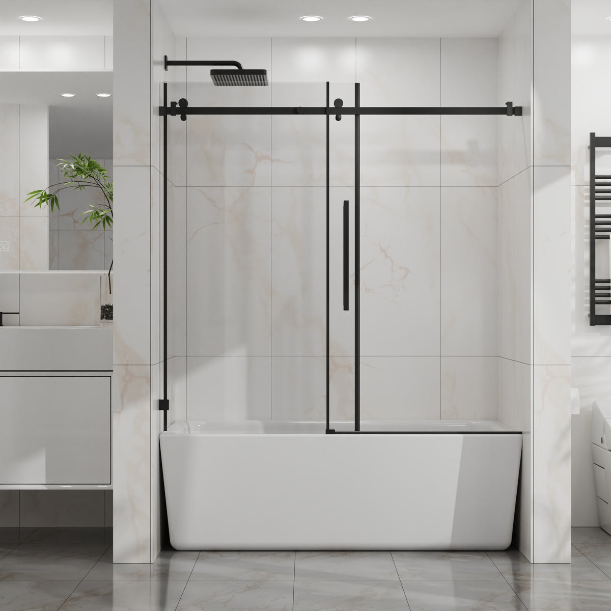 Goodyo 56-60 in. W x 58 in. H Frameless Sliding Bathtub Shower Door, Matte Black Stainless Steel Hardware, 1/4 in. Clear Tempered Glass