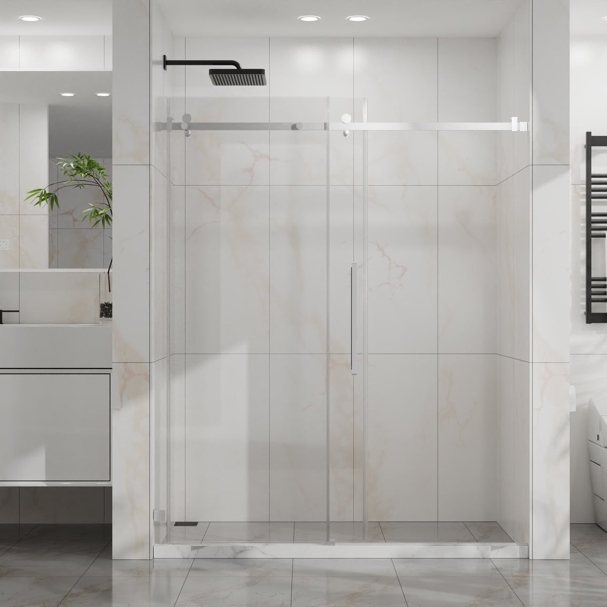 Goodyo 56-60 in. W x 72 in. H Frameless Sliding Shower Door, Chrome Stainless Steel Hardware, 1/4 in. Clear Tempered Glass