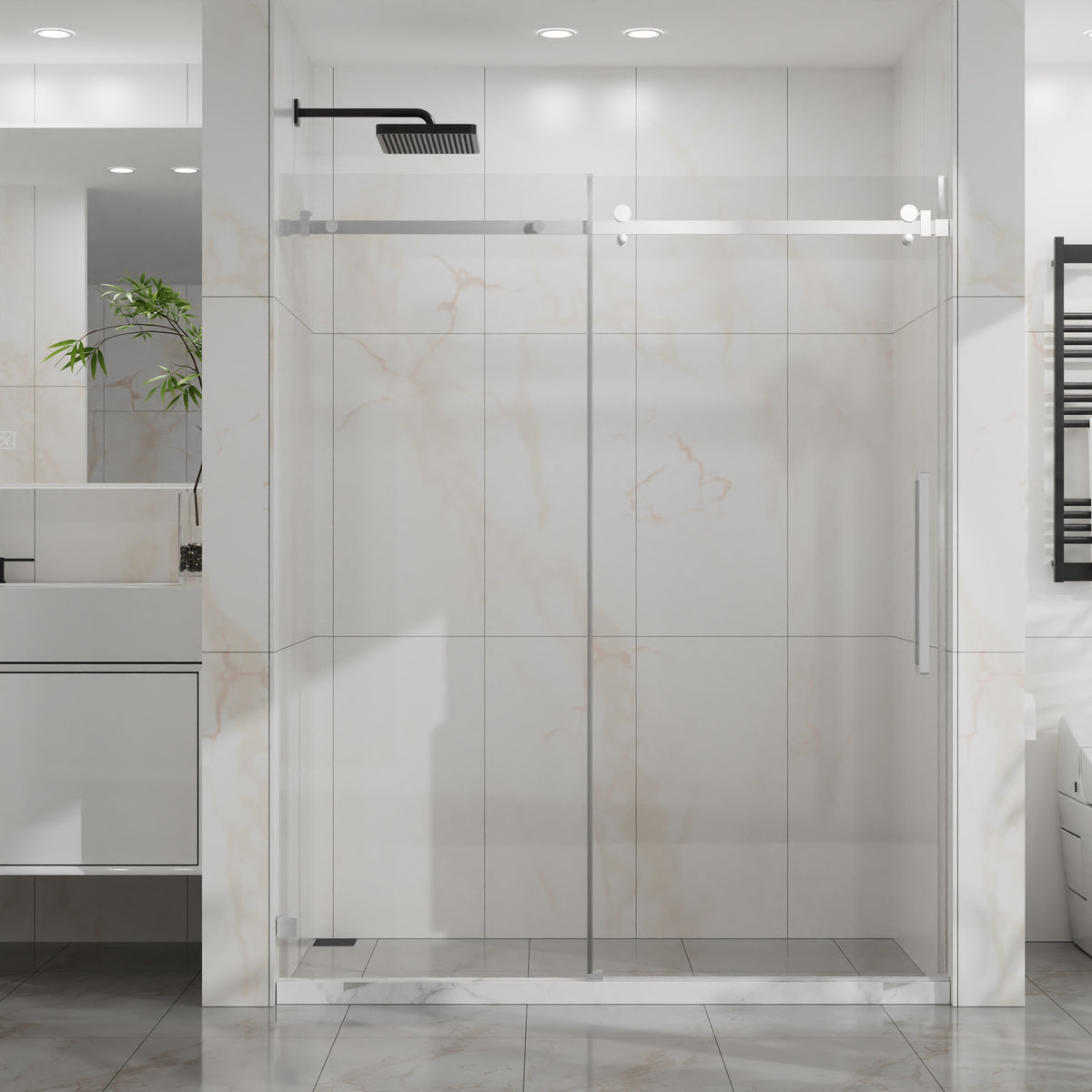 Goodyo 56-60 in. W x 72 in. H Frameless Sliding Shower Door, Chrome Stainless Steel Hardware, 1/4 in. Clear Tempered Glass