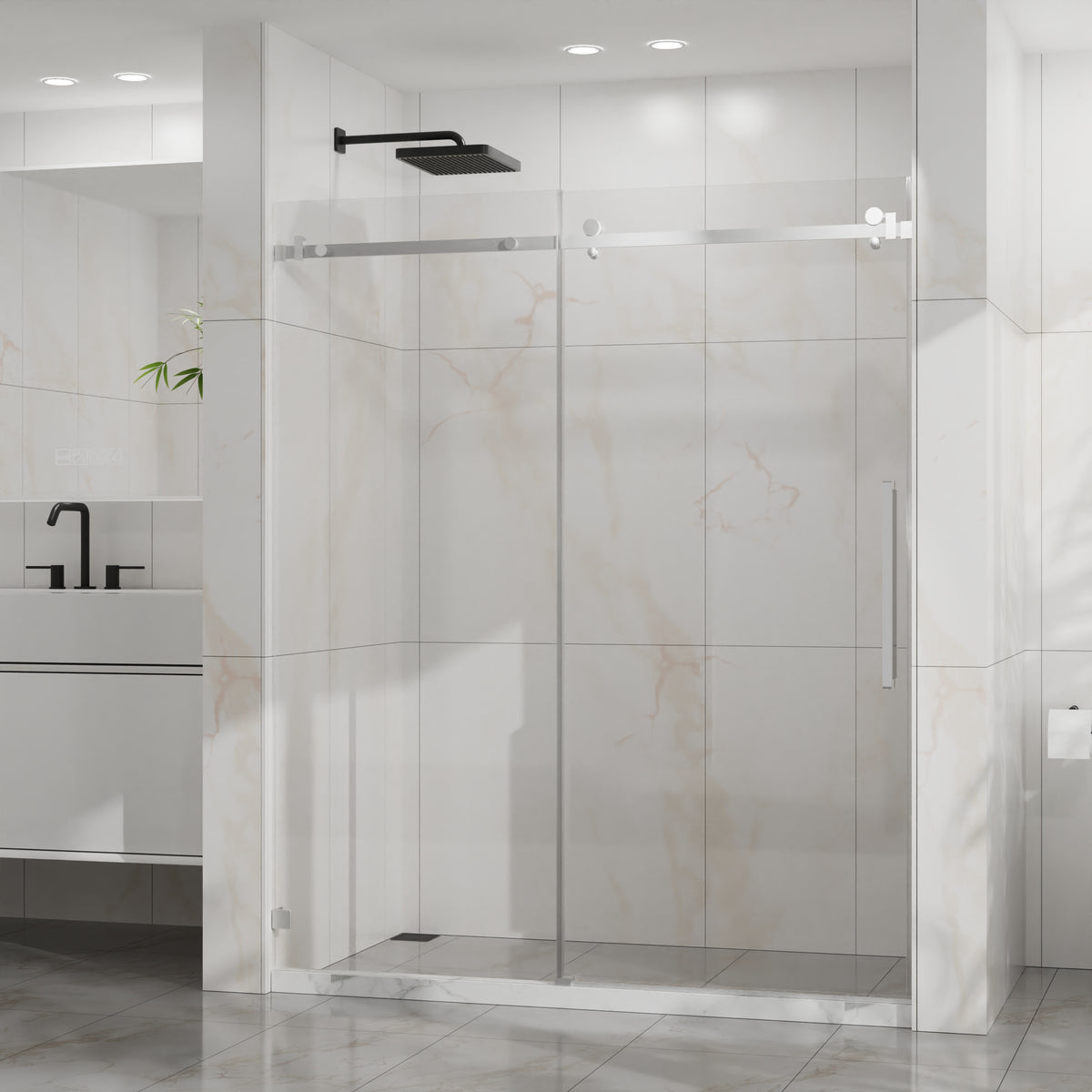 Goodyo 56-60 in. W x 72 in. H Frameless Sliding Shower Door, Chrome Stainless Steel Hardware, 1/4 in. Clear Tempered Glass