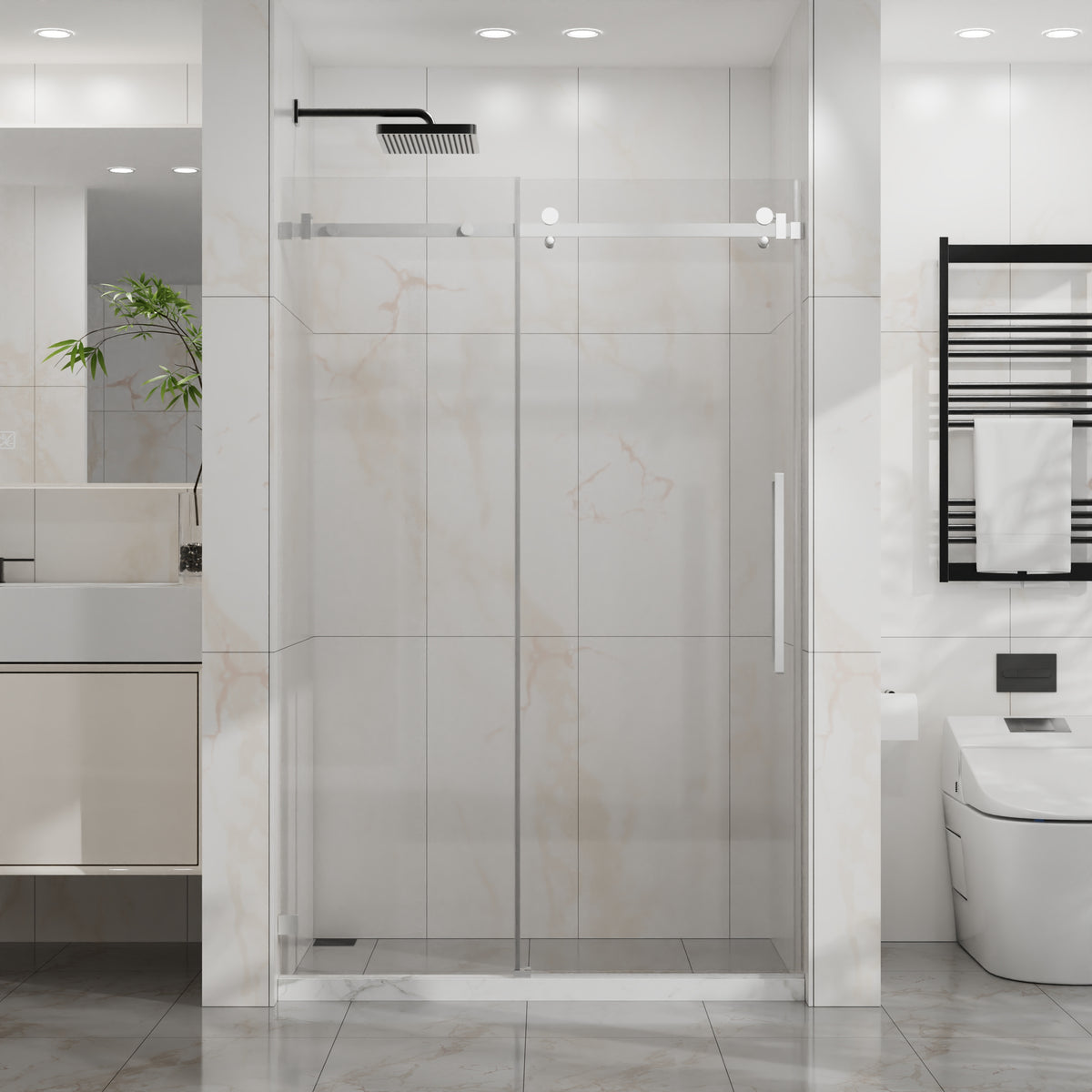 Goodyo 44-48 in. W x 72 in. H Frameless Sliding Shower Door, Chrome Stainless Steel Hardware, 1/4 in. Clear Tempered Glass