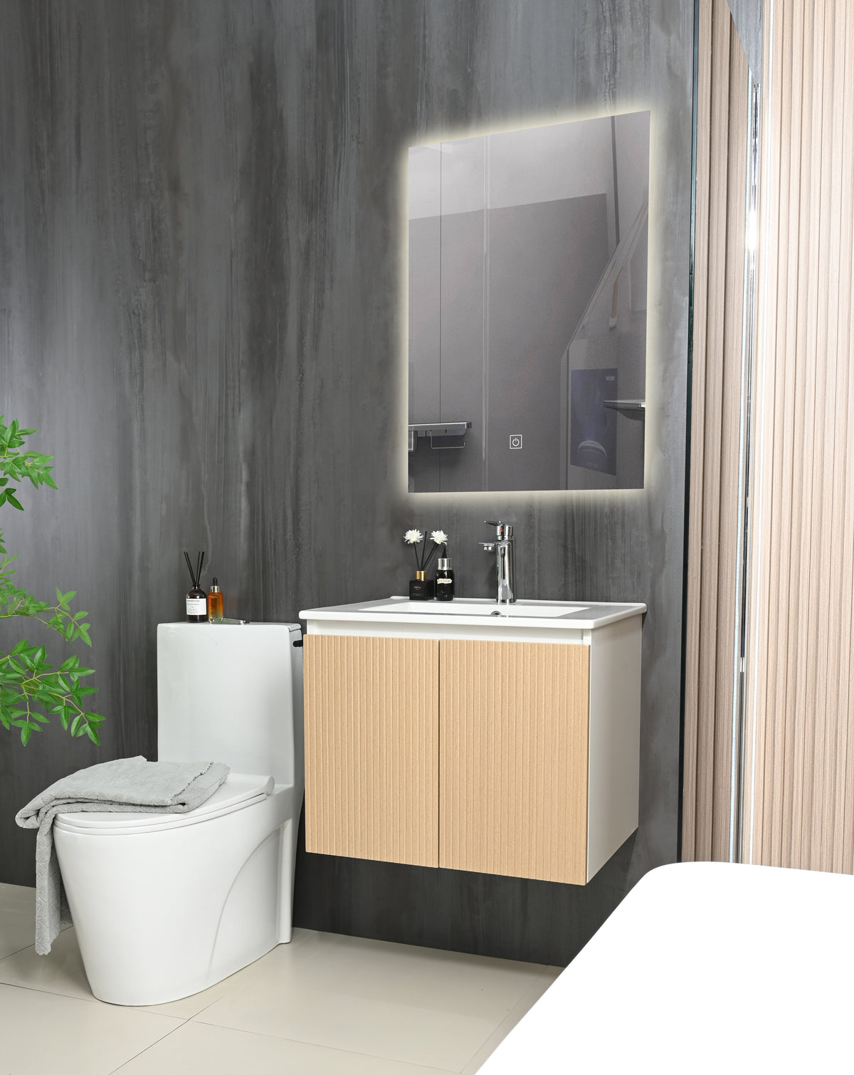 Goodyo 24" Floating Bathroom Vanity with Sink, Wall Mounted MDF Wood Grain Vanity Cabinet with Black Towel Rack for Small Bathrooms