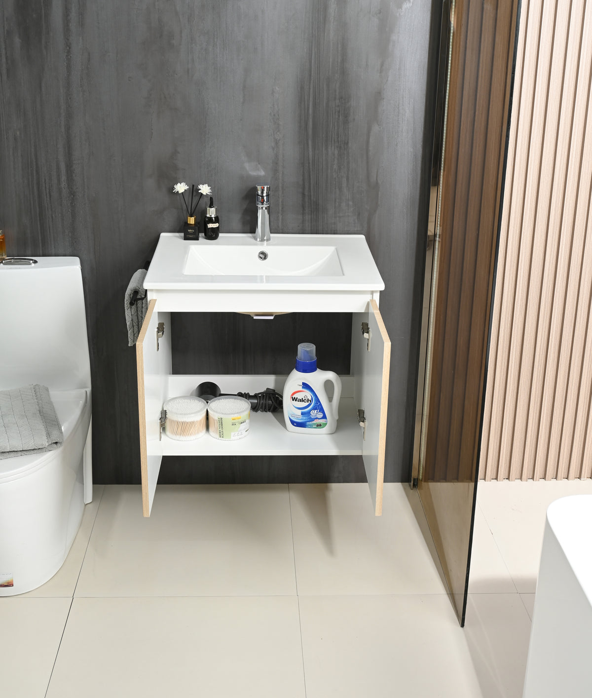 Goodyo 24" Floating Bathroom Vanity with Sink, Wall Mounted MDF Wood Grain Vanity Cabinet with Black Towel Rack for Small Bathrooms