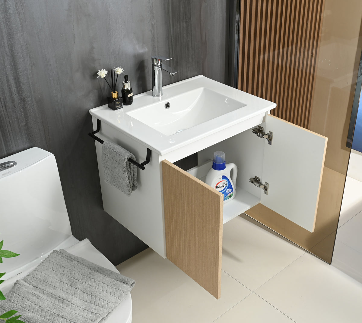 Goodyo 24" Floating Bathroom Vanity with Sink, Wall Mounted MDF Wood Grain Vanity Cabinet with Black Towel Rack for Small Bathrooms
