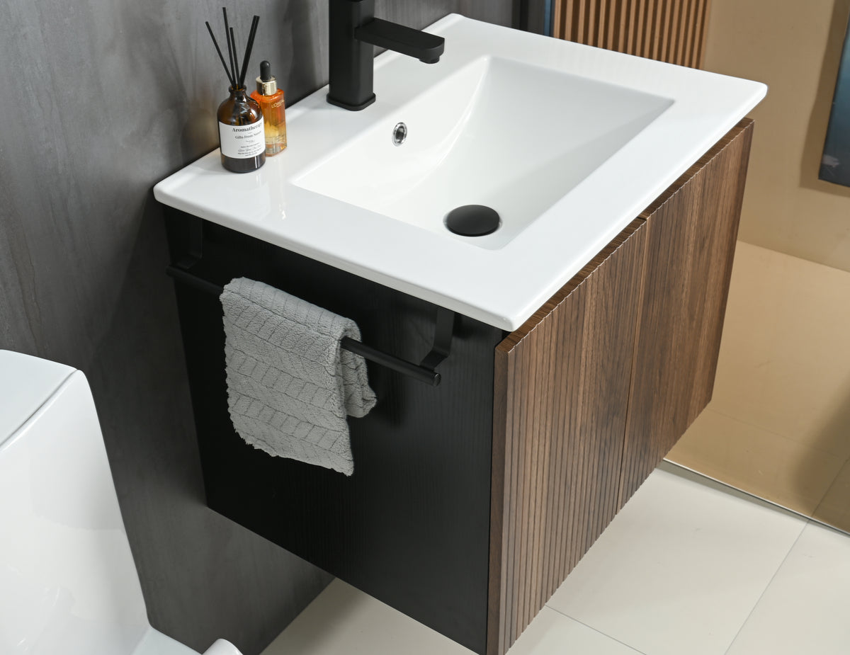 Goodyo 24" Floating Bathroom Vanity with Sink, Modern Walnut Fluted Wall-Mounted Vanity Cabinet