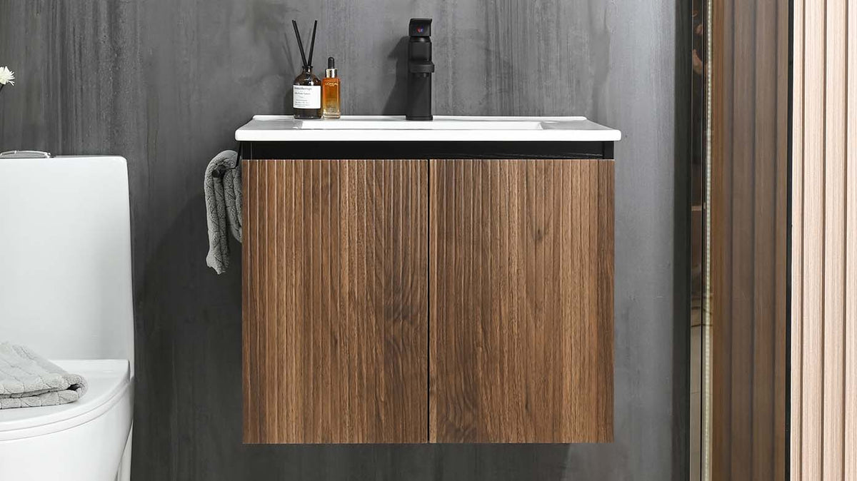 Goodyo 24" Floating Bathroom Vanity with Sink, Modern Walnut Fluted Wall-Mounted Vanity Cabinet