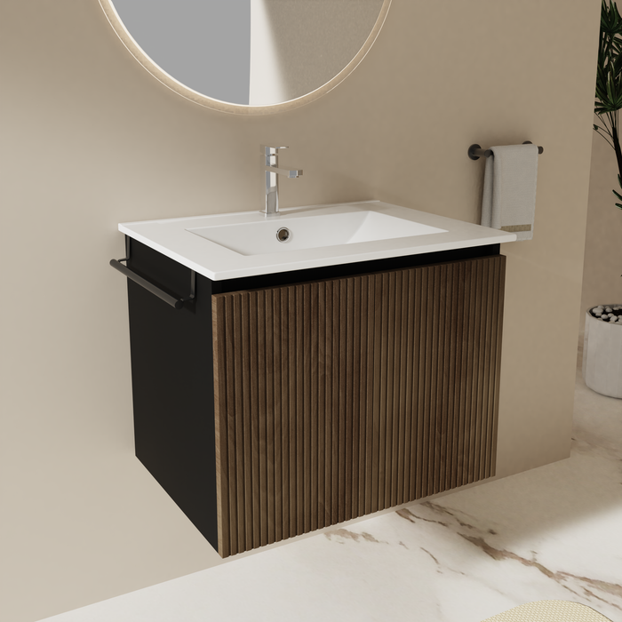 Goodyo 24" Floating Bathroom Vanity with Sink, Modern Walnut Fluted Wall-Mounted Vanity Cabinet