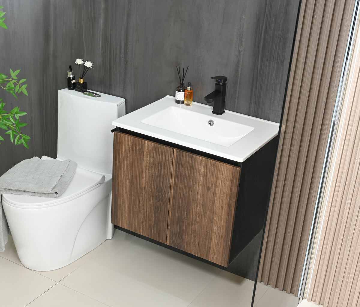 Goodyo 24" Floating Bathroom Vanity with Sink, Modern Walnut Fluted Wall-Mounted Vanity Cabinet