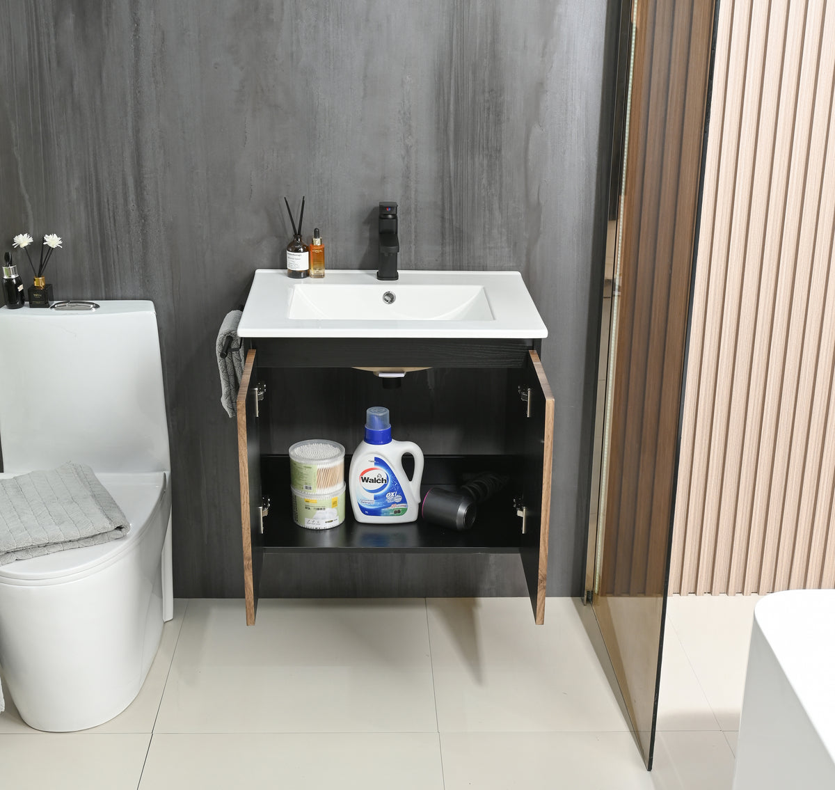 Goodyo 24" Floating Bathroom Vanity with Sink, Modern Walnut Fluted Wall-Mounted Vanity Cabinet