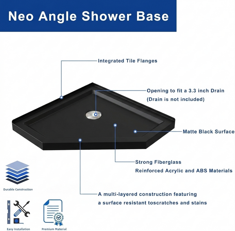 Goodyo Shower Pan 36" x 36" Neo-Angle Shower Base Black, Corner Drain Acrylic Shower Base (No Drain Kit)