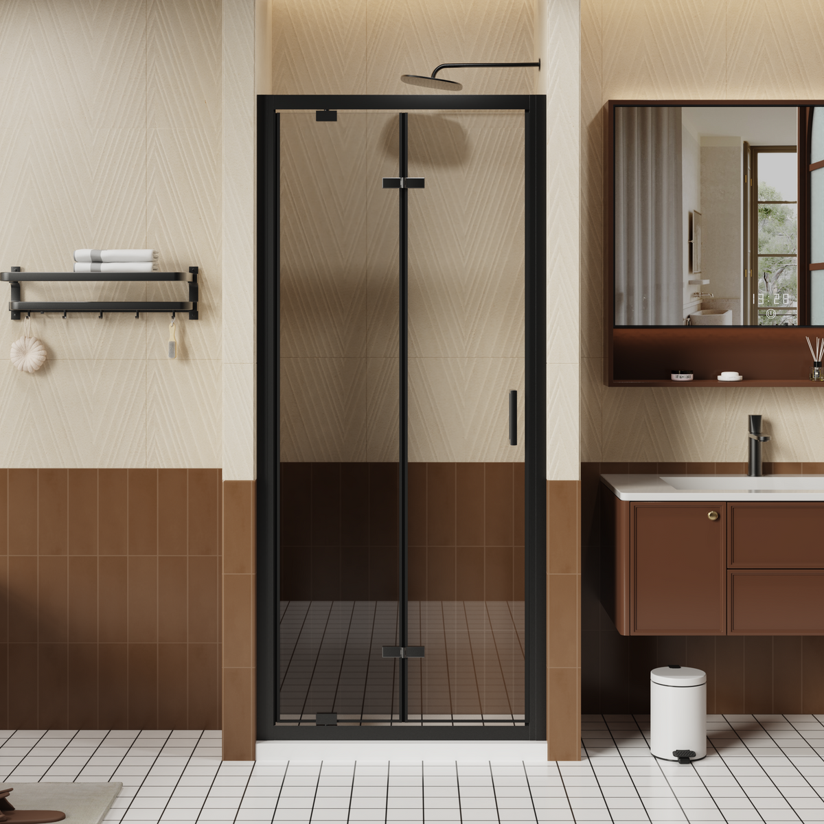 Goodyo 32" x 72" Framed Bi-Fold Shower Door, Space-Saving Folding Pivot Shower Door with 1/4" Tempered Glass & Matte Black Aluminum Frame（副本）