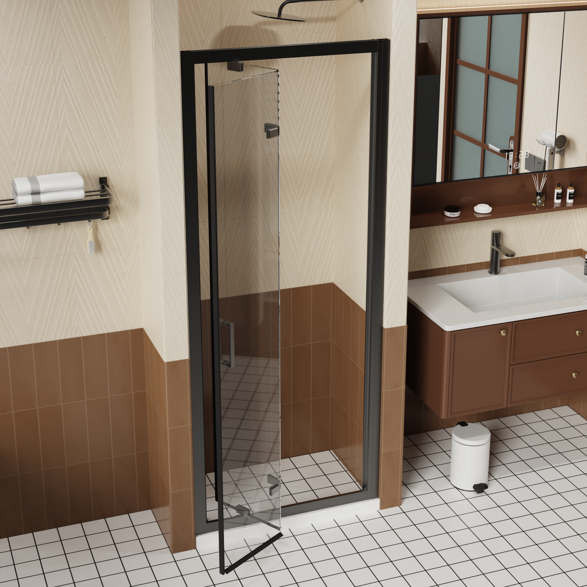 Goodyo 30" x 72" Framed Bi-Fold Shower Door, Space-Saving Folding Pivot Shower Door with 1/4" Tempered Glass & Matte Black Aluminum Frame