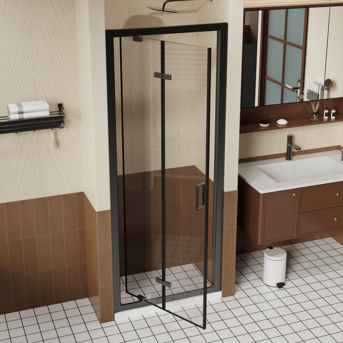 Goodyo 30" x 72" Framed Bi-Fold Shower Door, Space-Saving Folding Pivot Shower Door with 1/4" Tempered Glass & Matte Black Aluminum Frame