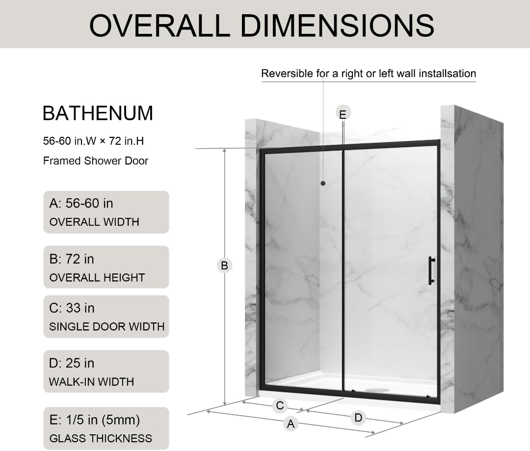 Goodyo® 60"x72" Sliding Shower Door with Stainless Steel Handle, Black