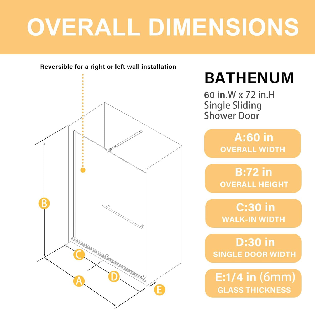 Goodyo® Glass Shower Door, 30”- 60”W x 72”H Shower Sliding Door Walk-in Shower Screen with Stainless Steel Handle, Supporting Bar