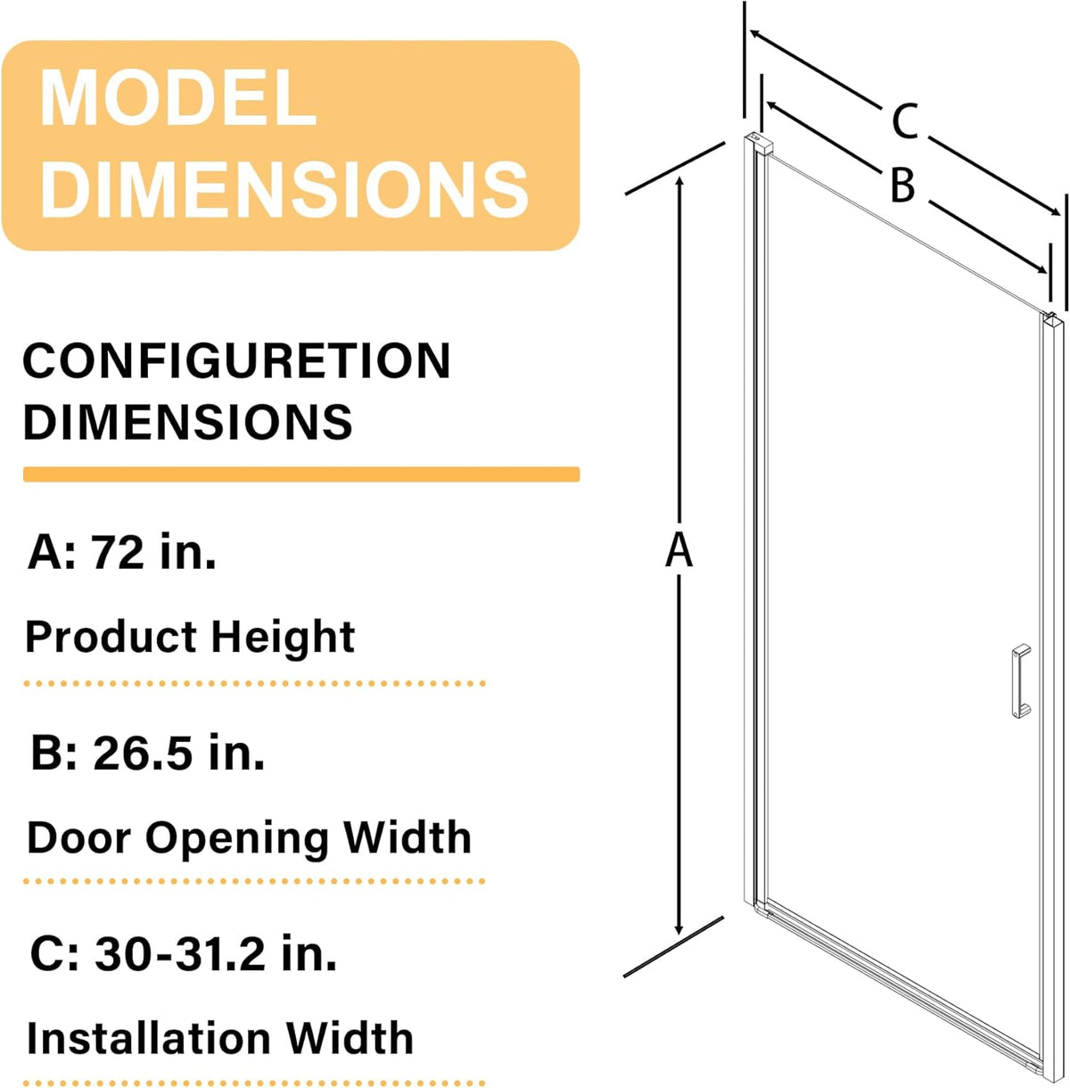 Goodyo® 30”x72” Pivot Swing Shower Door, 1/4 inch Tempered Glass Panel Hinged Shower Door, Black, Semi-Frameless Design