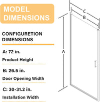 Goodyo® 30”x72” Pivot Swing Shower Door, 1/4 inch Tempered Glass Panel Hinged Shower Door, Black, Semi-Frameless Design