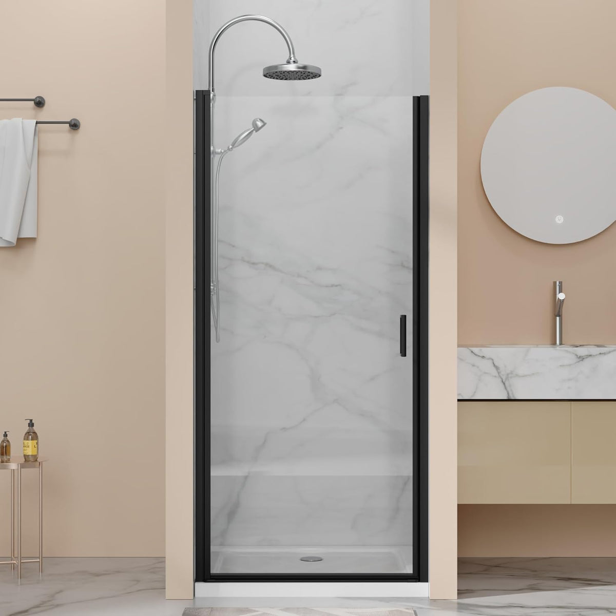 Goodyo® 34” x 72” Pivot Swing Shower Door, Hinged Shower Door Black, Semi-Frameless Design