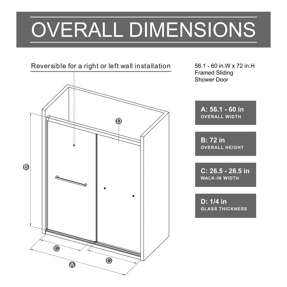 Goodyo 60x72 in Sliding Shower Door – Semi-Frameless Tempered Glass Door with Soft-Close Rail System Matte Black