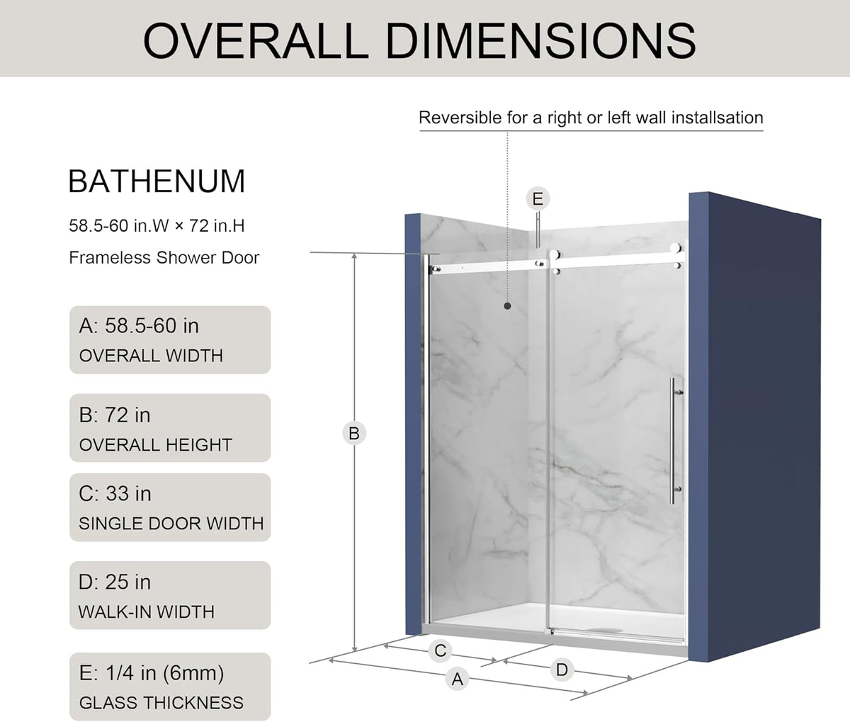 Goodyo® 60"x72" Frameless Shower Sliding Door with Zinc Roller Rail System, Stainless Steel Handle, Silver