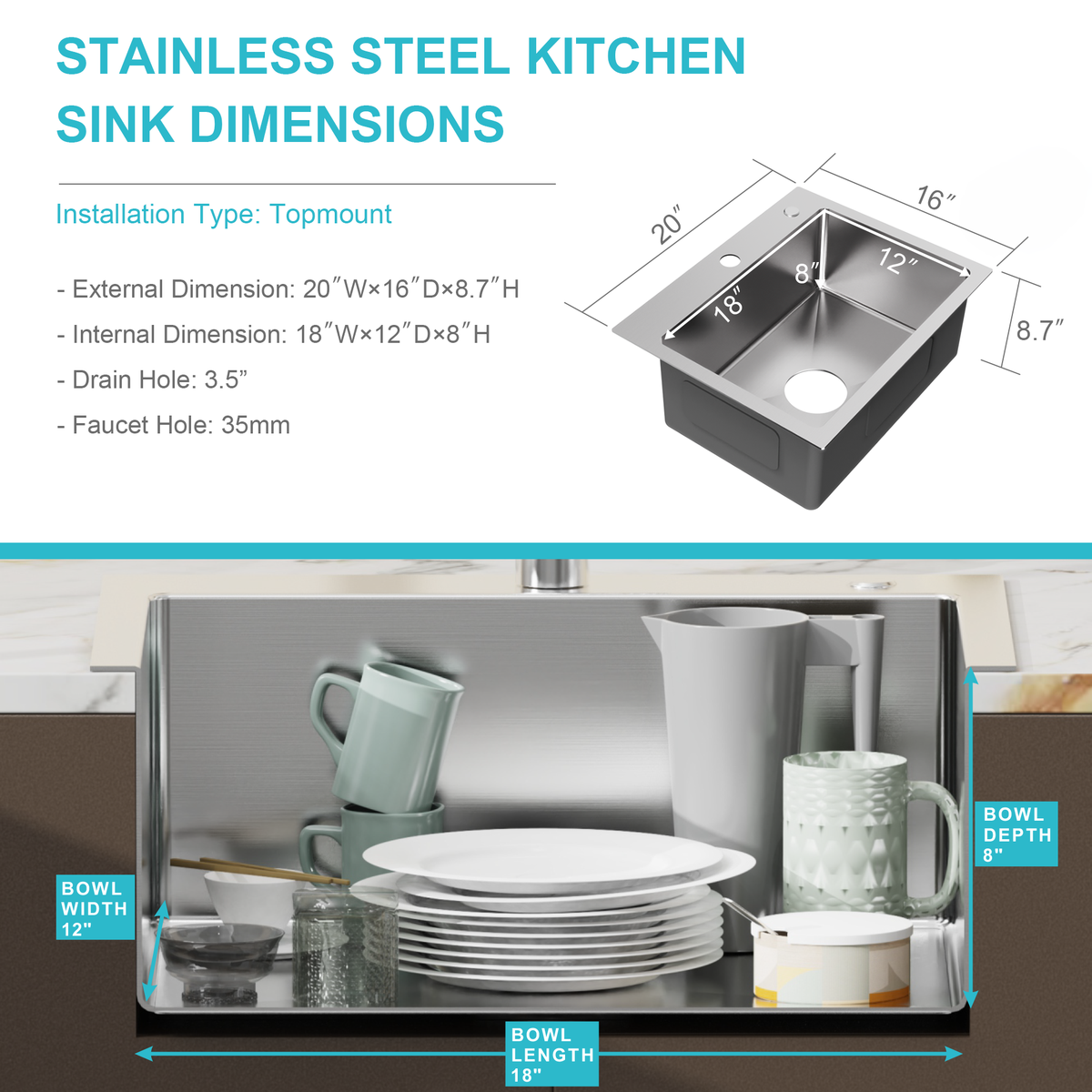 Goodyo® 20" x 16" Drop in Kitchen Sink 304 Stainless Steel Single Bowl Topmount Bar Sink with Drain Kit and Bottom Grid, Silver