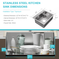 Goodyo® 22" x 18" Drop in Kitchen Sink 304 Stainless Steel Single Bowl Topmount Bar Sink with Drain Kit and Bottom Grid, Silver