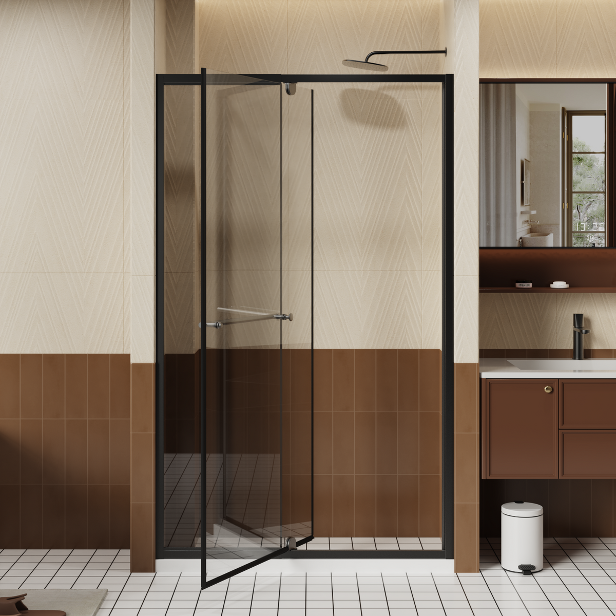 Goodyo 44-48" W x 72" H Pivot Shower Door, Semi-Frameless Swing Shower Door with Fixed Panel, 1/4" Clear Tempered Glass, Matte Black