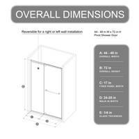 Goodyo 44-48" W x 72" H Pivot Shower Door, Semi-Frameless Swing Shower Door with Fixed Panel, 1/4" Clear Tempered Glass, Matte Black